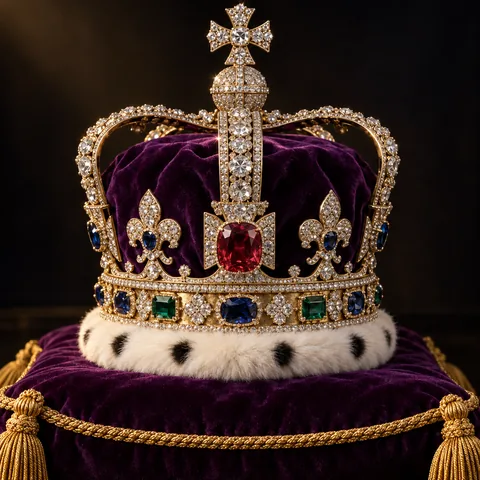 A jewelled crown on a purple cushion
