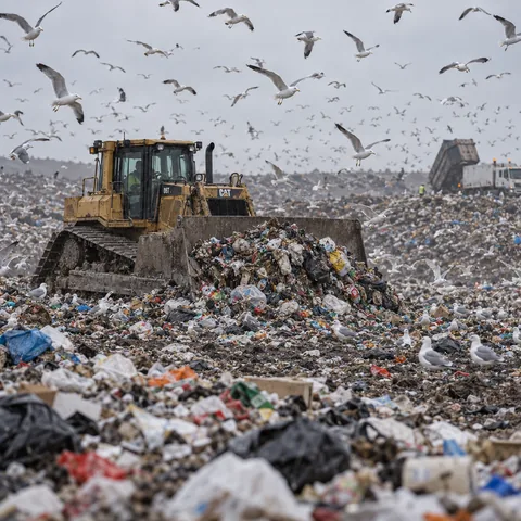 A landfill site with gulls and a bulldozer