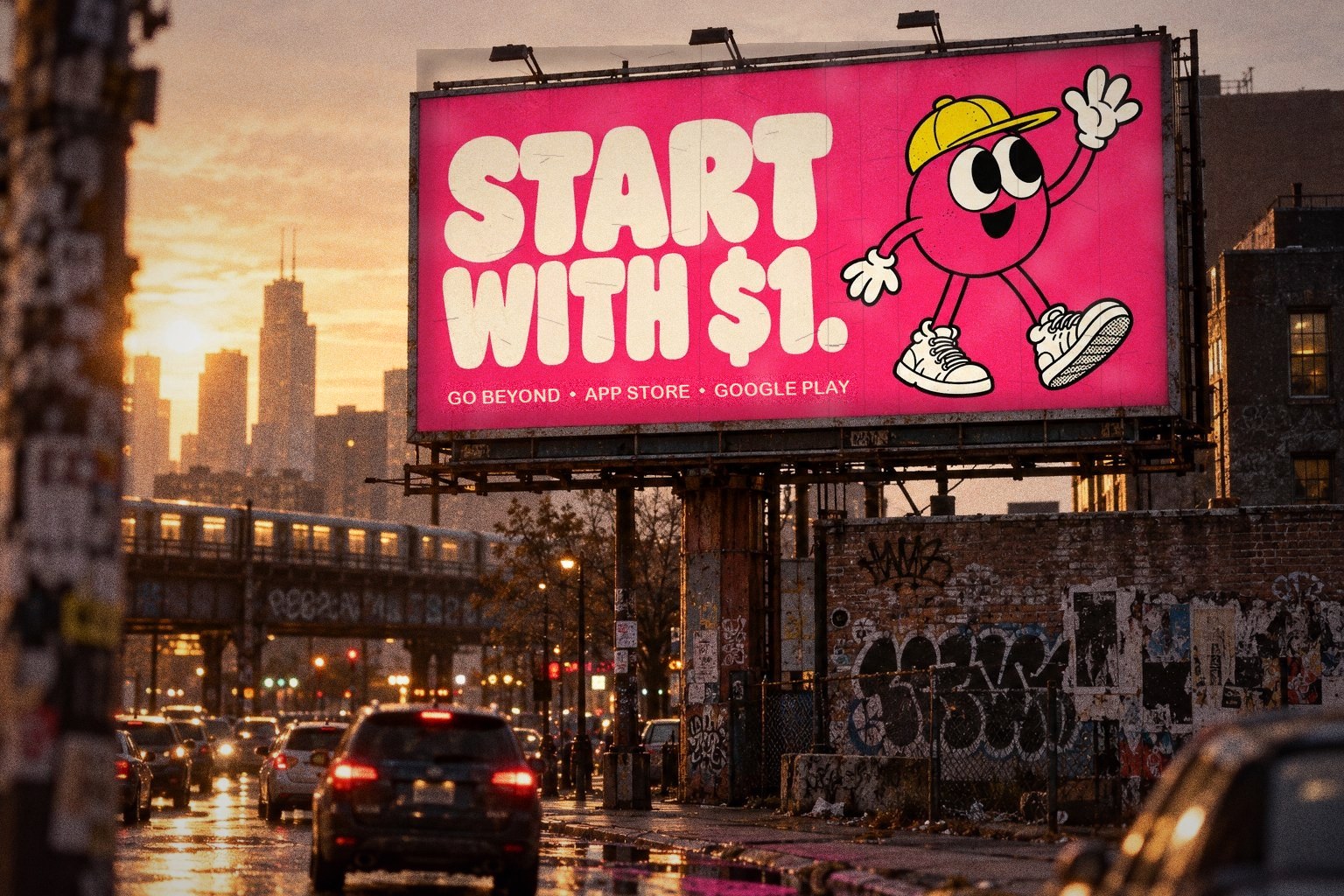 BEYOND on a billboard above a golden-hour city street