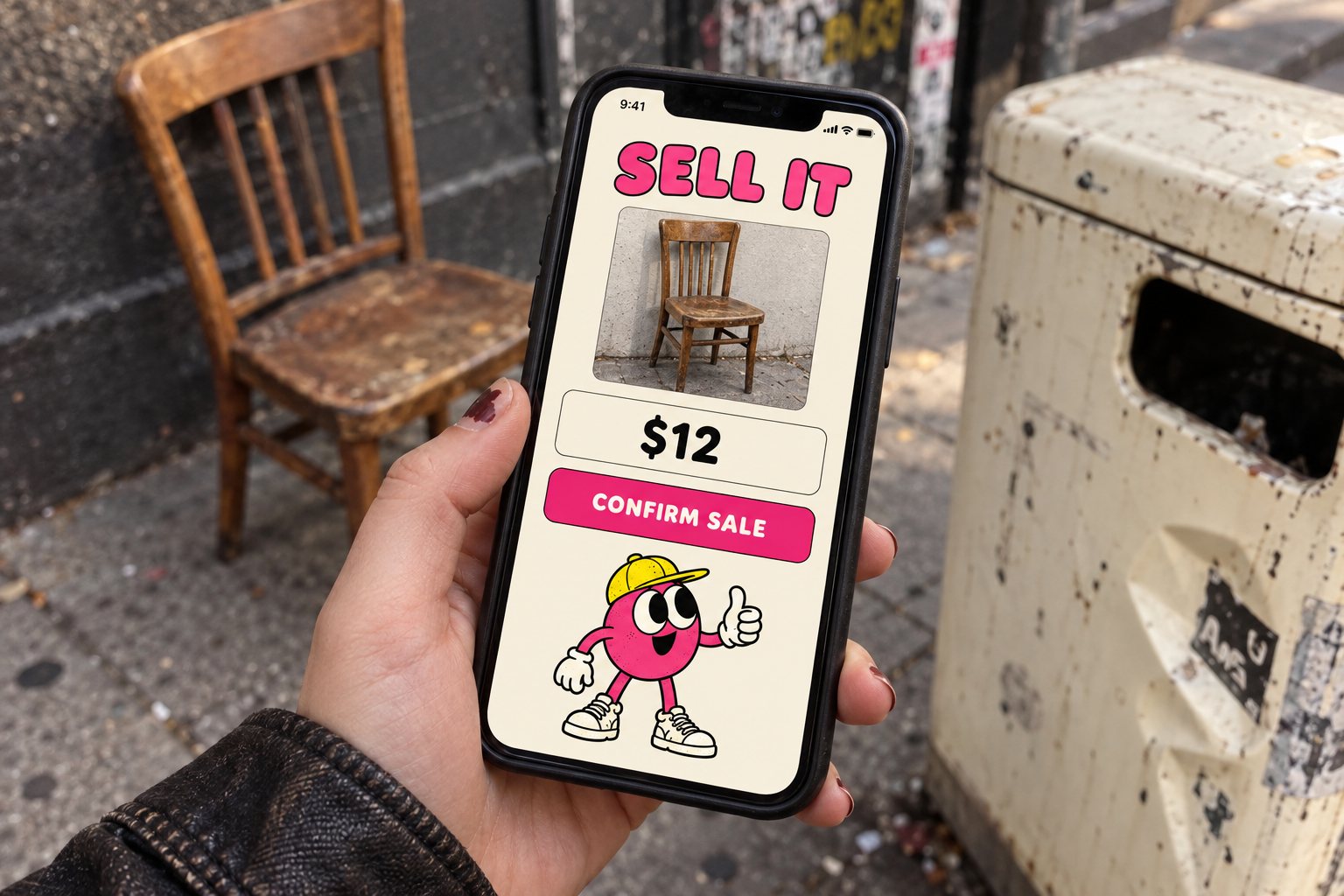 A hand holds a phone showing a chair trade