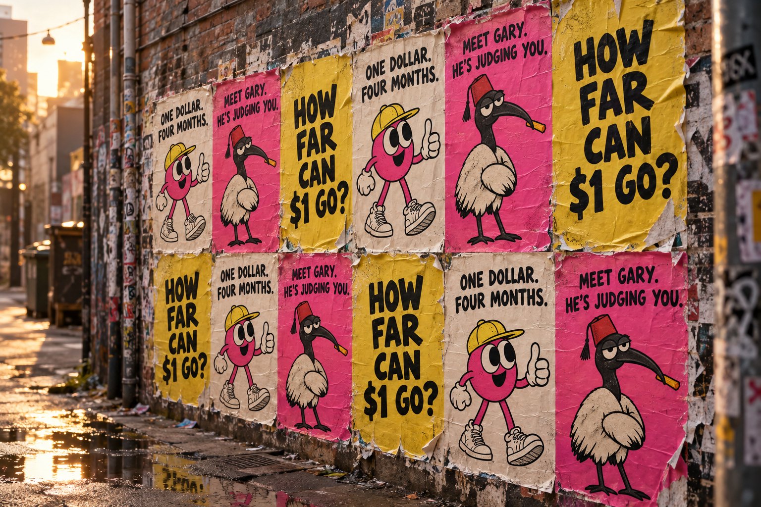 BEYOND posters pasted across a weathered city wall at golden hour