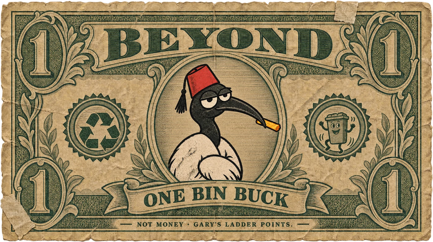 Cartoon Bin Buck note with Gary’s face on it. Ladder points, not real money.